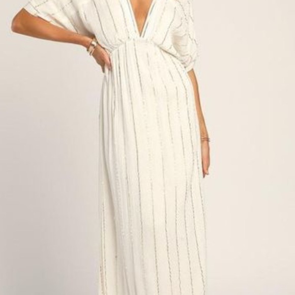 Goddess Vibes Ivory Gold Striped Dolman Sleeve Maxi Dress - Picture 3 of 9
